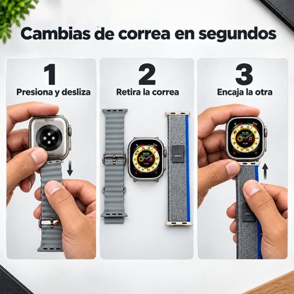 Kit Q9 Ultra 4 en 1 — Smartwatch + Audífonos + 2 Correas