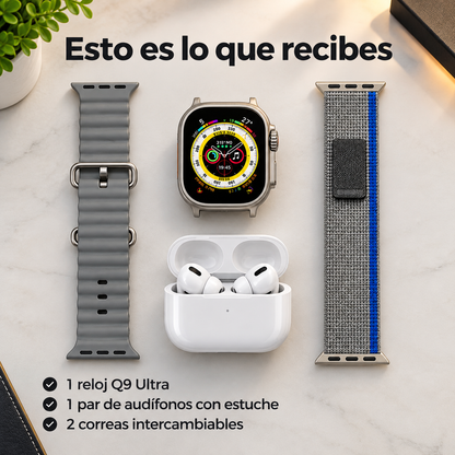 Kit Q9 Ultra 4 en 1 — Smartwatch + Audífonos + 2 Correas